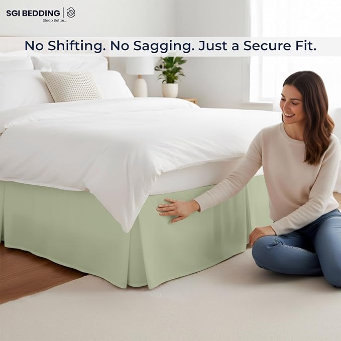 SGI Bedding 18 inch Drop Bed Skirt Cal King Size - Platform Style with Secure Fit, Classic Tailored Look, Elegant Pleated Style Dust Ruffle, Split Corners, Wrinkle Resistant Microfiber - Sage