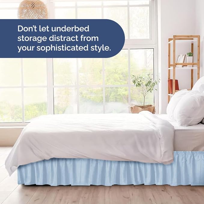 Wrap Around Dust Ruffle Bed Skirt - Sky Blue - for King Size Beds w/ 15 Inch Drop - Easy Fit Elastic Strap - Adjustable Pleated Bedskirt w/Brushed Fabric - Wrinkle Free, Women, Men, Kids & Teens