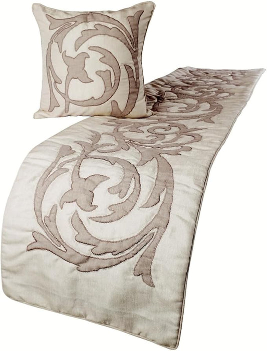 The HomeCentric Decorative Ivory & Beige CA King 86 x 18 inch Bed Runner with 2 Pillow Cover, Linen Lurex Applique Bed Scarf, Abstract Modern - Pretty Dainty