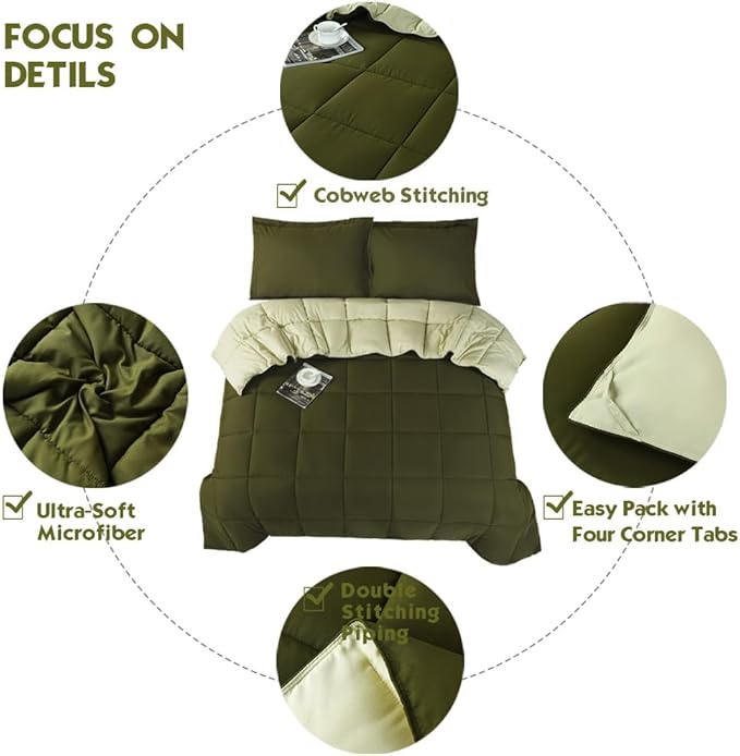 HIG 3pc Olive Green California King Comforter Set - All Season Reversible Down Alternative Comforter with Two Shams - Quilted Duvet Insert with Corner Tabs - Box Stitched - Breathable, Soft, Fluffy