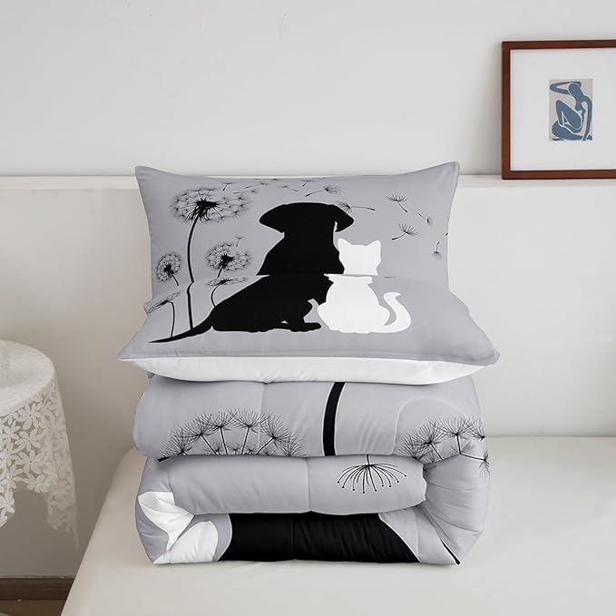 Cute Cat Dog Bedding Sets Twin, Kawaii Puppy Kitten Couple Comforter Set for Girls Boys Kids Teens, Dandelion Botanical Flowers Duvet Set, Cartoon Pet Animals Quilted Comforter with 2 Pillow Covers