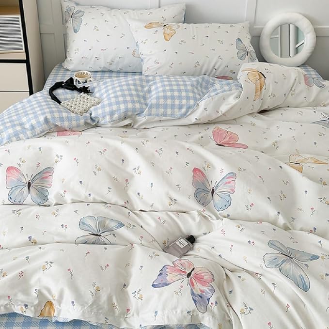 Nayoroom Butterfly Duvet Cover Queen Size Reversible Blue White Gingham Bedding Set 3 Pcs Kids Girls Colorful Butterflies Comforter Cover with Zipper Closure Soft Breathable Microfiber