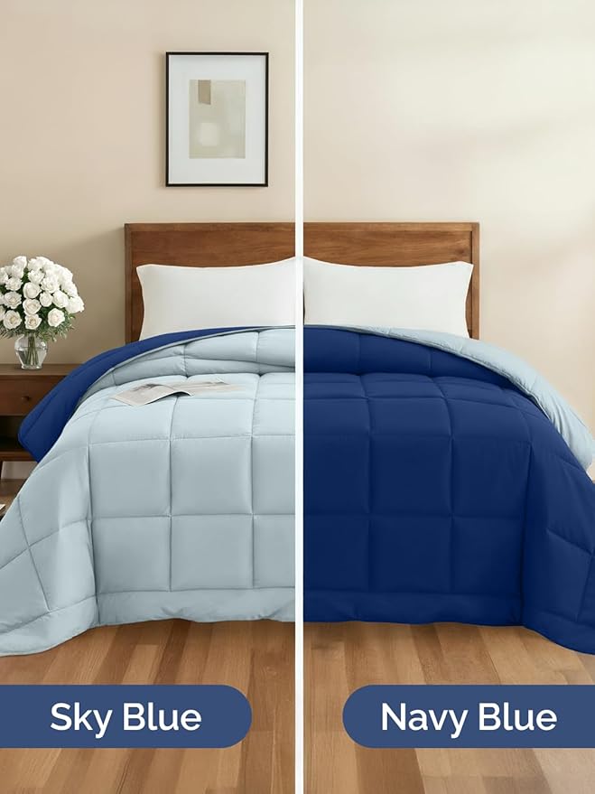 Cal King Size, Navy Blue/SkyBlue Alternative Down Comforter - Warm, Lightweight & Breathable Hotel Quality Bedding for Men, Women, Kids & Teens - All Season Cooling Microfiber Duvet Insert Comforter