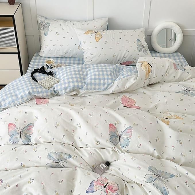 Nayoroom Butterfly Duvet Cover Queen Size Reversible Blue White Gingham Bedding Set 3 Pcs Kids Girls Colorful Butterflies Comforter Cover with Zipper Closure Soft Breathable Microfiber