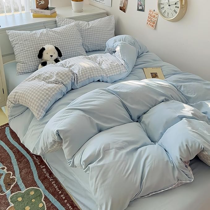 Nayoroom Gingham Duvet Cover Full Size Reversible Blue Plaid Checkered Duvet Cover 3 Pieces Soft Breathable Washed Microfiber Girls Dorm Bedding Set for All Seasons