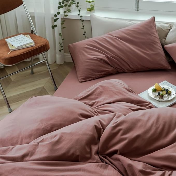 LifeTB Brick Red Duvet Cover Twin XL Size Soft Jersey Knit Cotton Bedding Set Minimalist Clay Rust Red Comforter Cover 3 Pieces Solid Color Bedding Knitted Cotton Duvet Cover with 2 Pillowcases