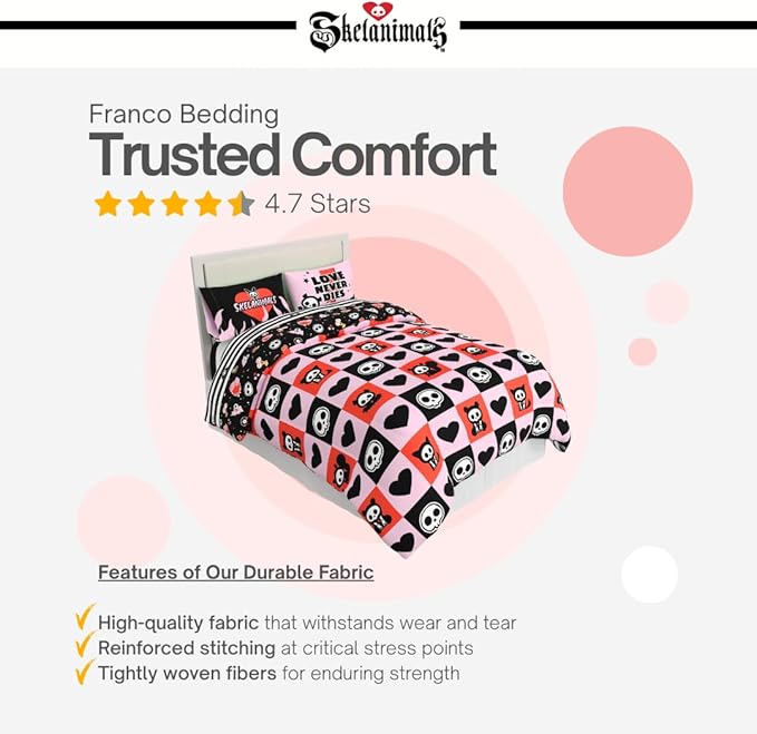 Skelanimals Bedding 5 Piece Twin Bed Set, Soft Checkered Comforter and Sheet Set with Sham, Kit The Cat, (Officially Licensed Product) by Franco Collectibles