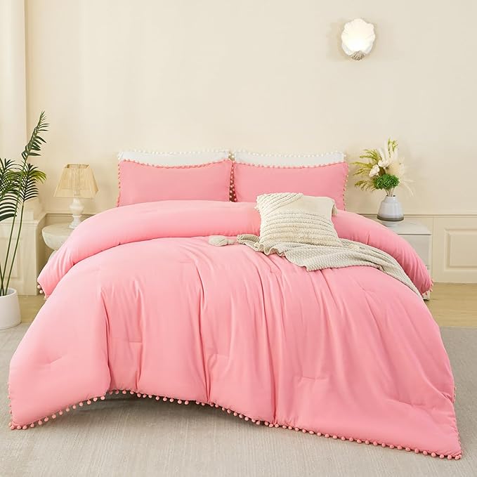 PERFEMET Full Size Bed in A Bag Coral Pink 5 Pieces Pom Pom Comforter Set with Sheets for Girls Kids Teens Soft All Season Fluffy Boho Bedding Set for Bedroom(Coral Pink, Full)