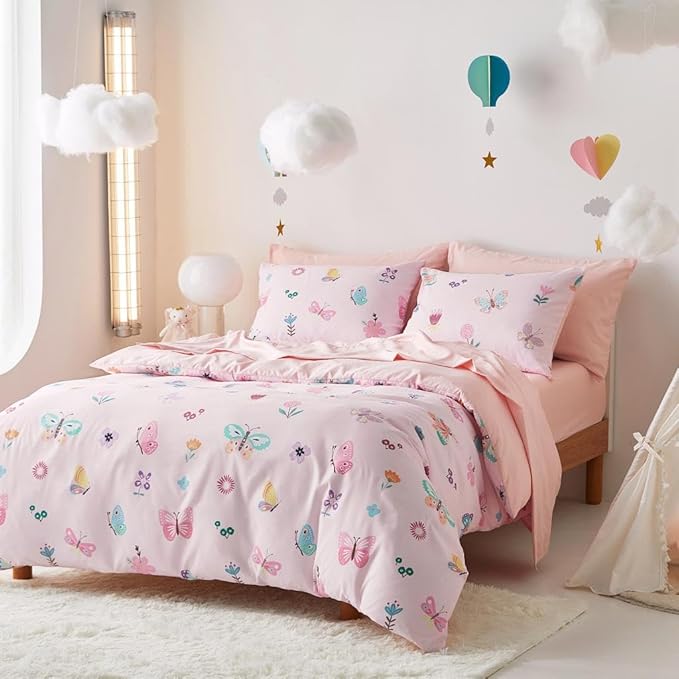 Wake In Cloud - Butterfly Bedding Set for Girls, Cute Colorful Butterfly Flowers Floral Comforter Set with Sheets, 5 Pieces Kids Bed in a Bag, Pink, Twin Size