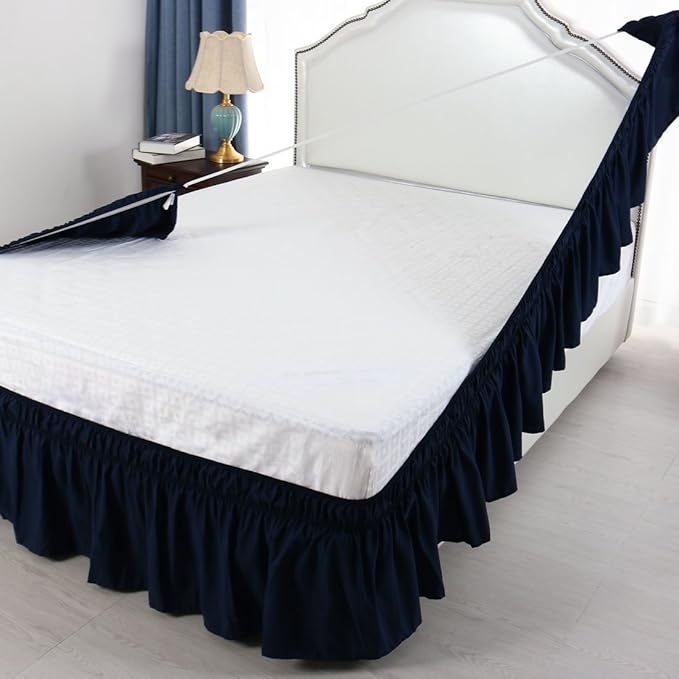 Bed Skirt - Wrap Around Bed Skirts Elastic Dust Ruffles, Easy Fit Wrinkle and Fade Resistant Luxurious Fabric Solid Color, Navy Blue Twin Size Beds 15 Inch Drop