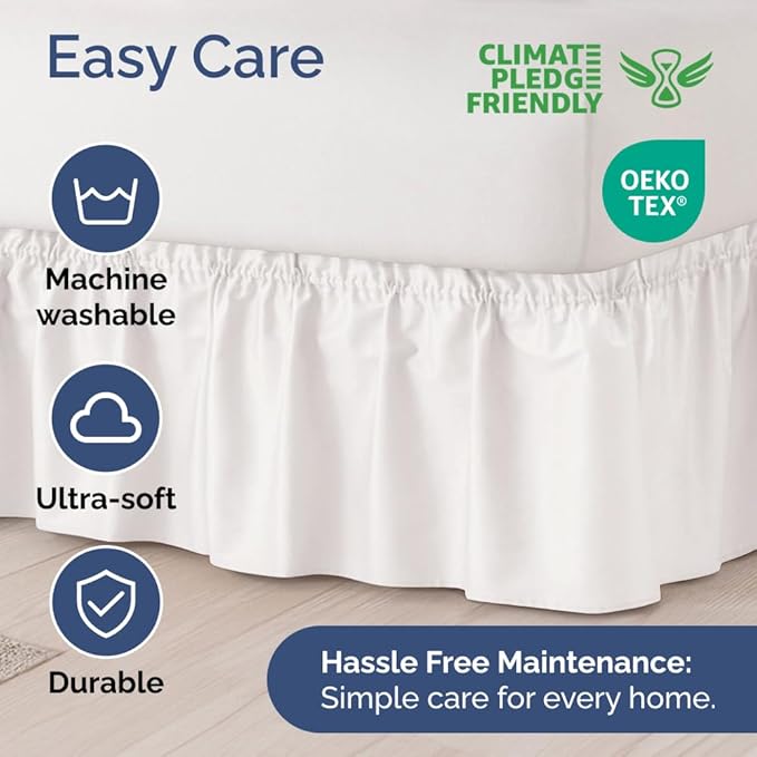 Wrap Around Dust Ruffle Bed Skirt - Antique White - for Full Size Beds w/ 15 Inch Drop - Easy Fit Elastic Strap - Adjustable Pleated Bedskirt w/Brushed Fabric, Wrinkle Free Women, Men, Kids & Teens
