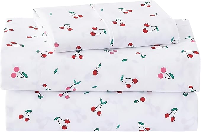 Kids Sheet Set Twin Size, Twin Sheet Set with Little Cherry Pattern，Breathable Silky Soft Microfiber Kids Fitted Sheet