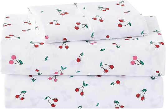 Kids Sheet Set Twin Size, Twin Sheet Set with Little Cherry Pattern，Breathable Silky Soft Microfiber Kids Fitted Sheet