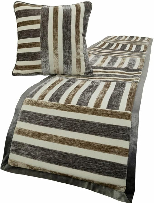 The HomeCentric King/Queen/Twin Beige & Grey Decorative CA King 86"x18" Bed Runner with Pillow Cover, Patchwork Bed Scarf on Velvet Fabric - Striation