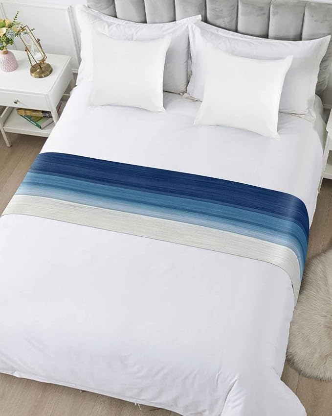 Abstract Navy Blue Ombre Stripe Art Bed Runners for Bedroom Hotel,Decorative Bedding Scarf Modern Color Line Texture Bed End Blanket Bedding Runner Scarves for King Size Bed,102x20in