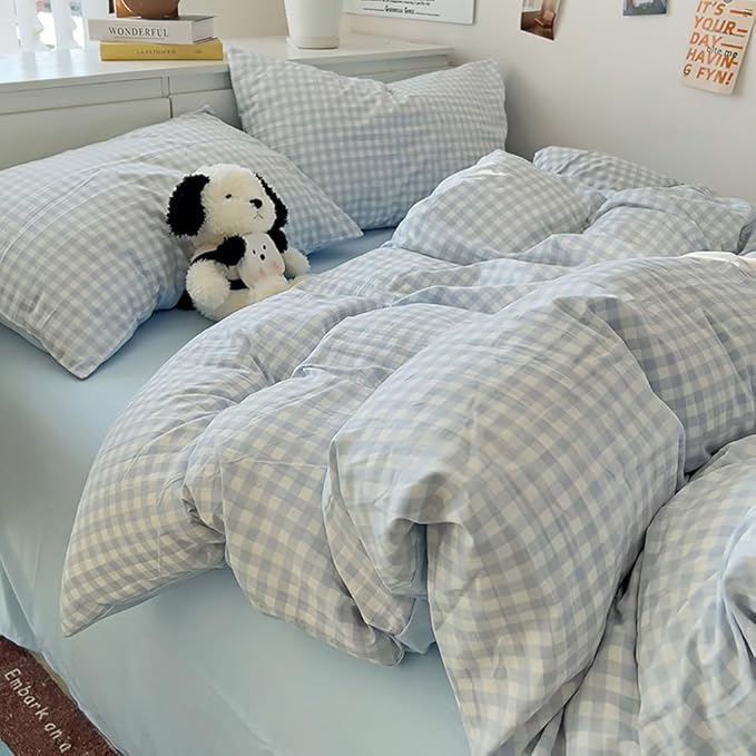 Nayoroom Gingham Duvet Cover Full Size Reversible Blue Plaid Checkered Duvet Cover 3 Pieces Soft Breathable Washed Microfiber Girls Dorm Bedding Set for All Seasons
