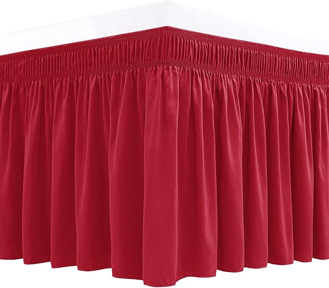Biscaynebay Wrap Around Bed Skirts for King & Cal King Beds Short Drop of 12", Red Adjustable Elastic Dust Ruffles Easy Fit Wrinkle Resistant Silky Luxurious Fabric Machine Washable
