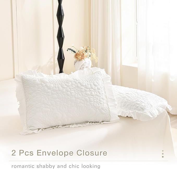 Masaca White Ruffled Oversized King Bedspread 128"x120",Stone-Washed Microfiber Shabby Farmhouse King Quilt Bedding Set Oversized,3Pcs Lightweight Crinkled Extra Large Boho Bedspread & Coverlet Sets