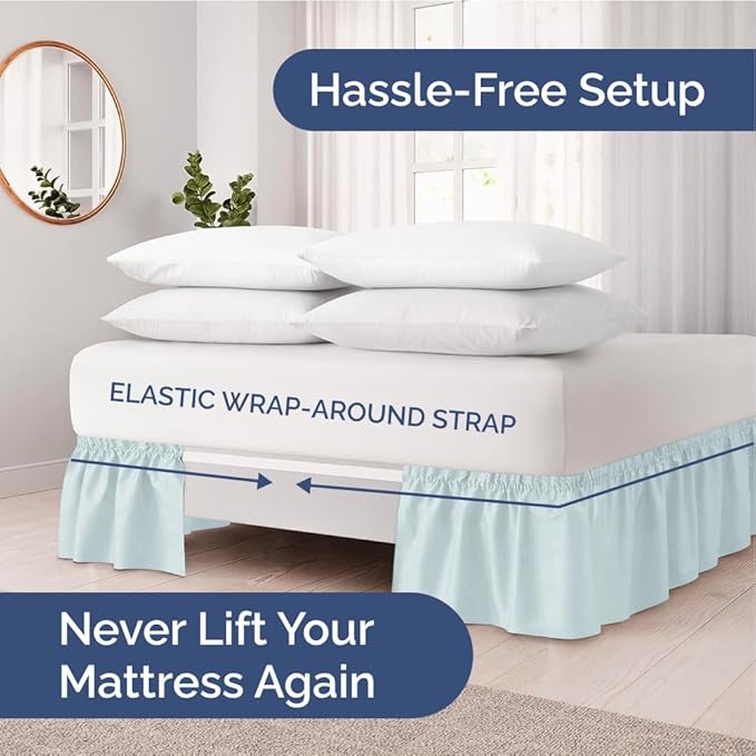 Wrap Around Dust Ruffle Bed Skirt - Ice Blue - for King Size Beds w/ 15 Inch Drop - Easy Fit Elastic Strap - Adjustable Pleated Bedskirt w/Brushed Fabric - Wrinkle Free - for Women, Men, Kids & Teens