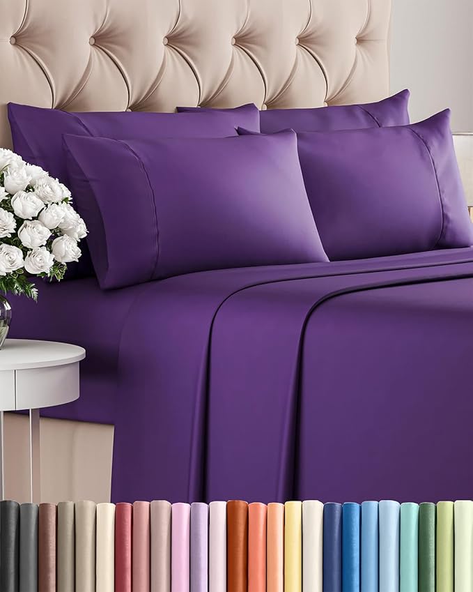 King 6 Piece Sheet Set - Comfy Breathable & Cooling - Ultra Soft Hotel Luxury Bedding Set w/ 8-16 Inch Deep Pockets - 1 Flat & 1 Fitted Sheet & 4 Pillowcases - Cozy, Wrinkle Free & Easy Care - Purple