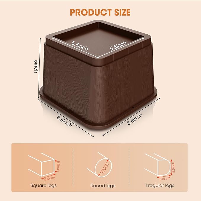 Bed Risers 5 Inch, Oversized Fit Up to 5.5" Legs, Heavy Duty Support 6000lbs, Stackable Bed Raising Blocks Furniture Sturdy Bed Lifts for Couches, Tables, Desk(Brown, 5 inch-4 Pack)