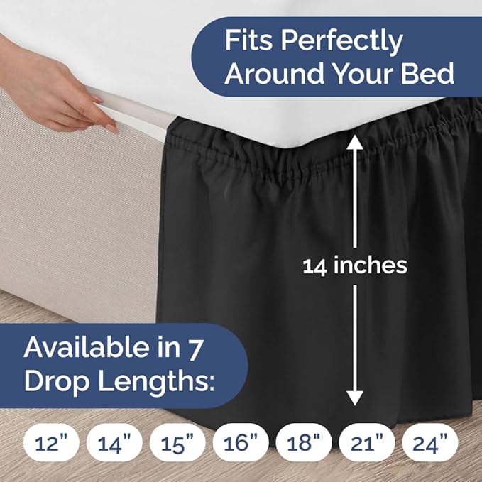 Wrap Around Dust Ruffle Bed Skirt - Black - for Queen Size Beds w/ 14 Inch Drop - Easy Fit Elastic Strap - Adjustable Pleated Bedskirt w/Brushed Fabric, Wrinkle & Fade Free Women, Men, Kids & Teens