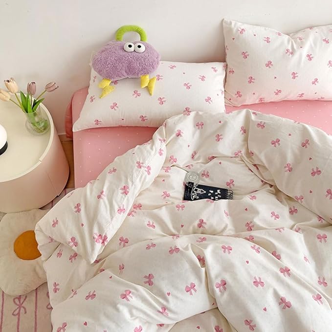 Nayoroom Pink Bow Duvet Cover Twin Size Heart Bows Printed Coquette Bedding Set 2 Pcs Kids Girls Cute Comforter Cover with Zipper Closure Soft Breathable Microfiber