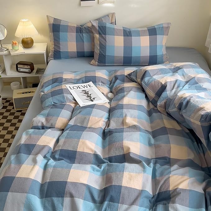 LifeTB Washed Cotton Plaid Duvet Cover King Blue Grey Plaid Grid Bedding Set King 3 Pieces Buffalo Grid Duvet Cover Modern Checkered Gingham Comforter Cover Farmhouse Bedding Set Breathable