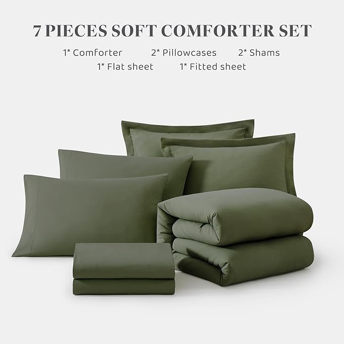 WRENSONGE King Size Comforter Set- 7 Pieces Soft Olive Green Bed in a Bag King with Fitted Sheet, Flat Sheet, 2 Pillow Shams, and 2 Pillowcases-Warm King Bedding Set for All Season