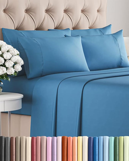 King 6 Piece Sheet Set - Comfy Breathable & Cooling - Ultra-Soft Hotel Luxury Bedding Set with 8-16 Inch Deep Pockets - 1 Flat & 1 Fitted Sheet & 4 Pillowcases - Wrinkle Free & Easy Care - Denim Blue