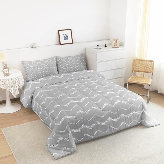 Feelyou Grey Comforter Set Full Size for Teen Girls Boys Women, Gray and Silver Bedding Set, 3 Piece Lightweight Microfiber Reversible Comforter (1 Comforter + 2 Pillow Shams)