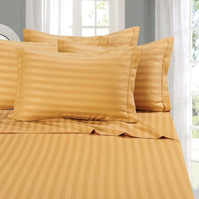 Elegant Comfort Best, Softest, Coziest 6-Piece Sheet Sets! - 1500 Premier Hotel Quality Luxurious Wrinkle Resistant 6-Piece Damask Stripe Bed Sheet Set, Full Camel/Gold