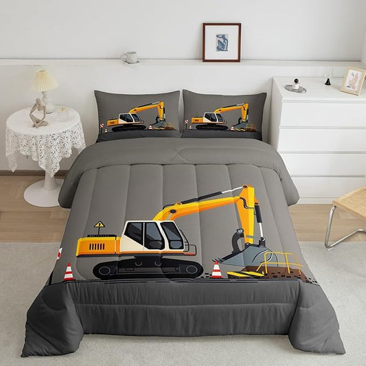 Feelyou Excavator Comforter Set Boys Cute Vehicles Truck Car Print Bedding Set Kids Cartoon Machinery Cars Comforter for Children Teens Room Decor Construction Site Duvet Set Twin Size