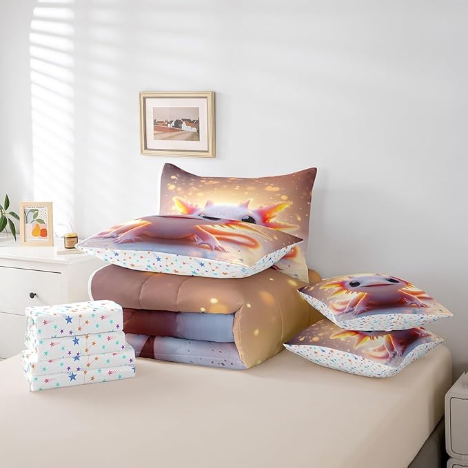 Feelyou Kids Cute Axolotl Comforter Set with Sheets Queen Size, Cartoon Salamander 7 Pieces Bedding Set Boys Girls Kawaii Animal Bed in A Bag Ocean Sealife Teens Bed Set Bedroom Decor 7Pcs