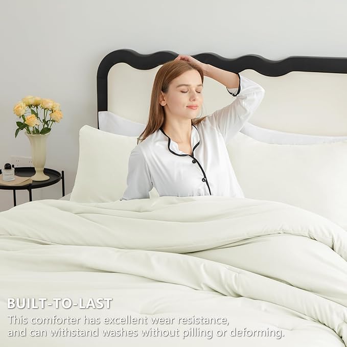 CozyLux Queen Comforter Set Ivory, 3 Pieces Solid Breathable Quilted Style Bedding Sets for Girls, Luxury Soft Microfiber Down Alternative Comforter Bet Set All Season (1 Comforter & 2 Pillowcases)