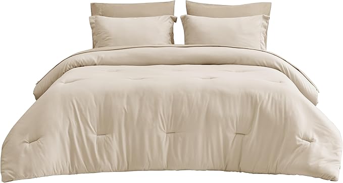 Bedsure Queen Comforter Set - 7 Pieces Light Beige Queen Bedding Set for All Seasons, Boho Contrasting Design Bed in a Bag with Comforter, Sheets, Pillowcases & Shams
