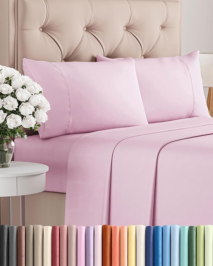 Twin 4 Piece Sheet Set - Comfy Breathable & Cooling - Ultra-Soft Hotel Luxury Bedding Set with 8-16 Inch Deep Pockets - 1 Flat & 1 Fitted Sheet & 2 Pillowcases - Wrinkle Free & Easy Care - Light Pink