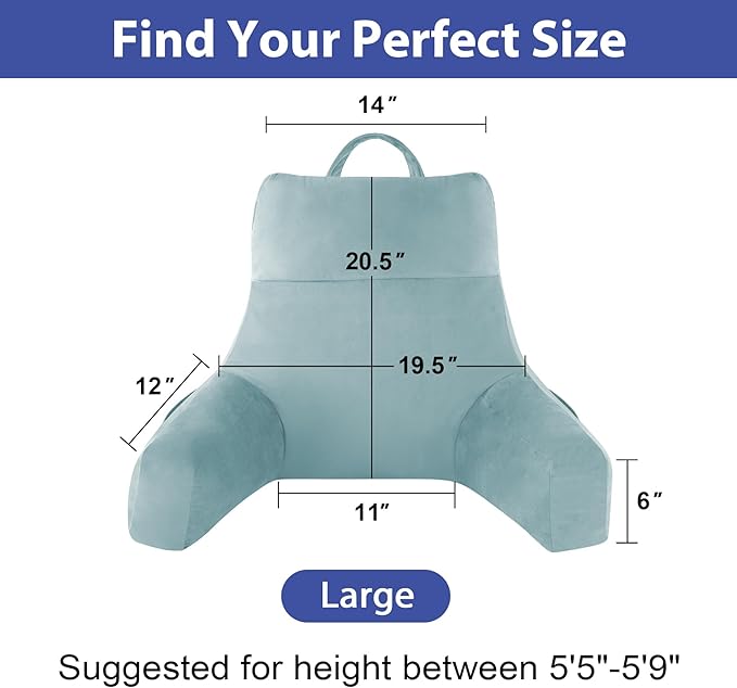 Reading Pillow with Arms For Adult, Back Pillow for Bed Sitting Up, Shredded Memory Foam Backrest Pillow with Pockets & Removable Washable Cover, Lounging, Watching TV, Reading(20in Lake Blue)