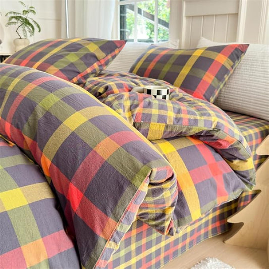 LifeTB Twin XL Comforter Set Modern Style Plaid Checkered Pattern Comforter with 2 Pillowcases Gingham Bedding Comforter Set Multicolor Grid Bed Comforter Fluffy Lightweight Bedding Set Twin XL