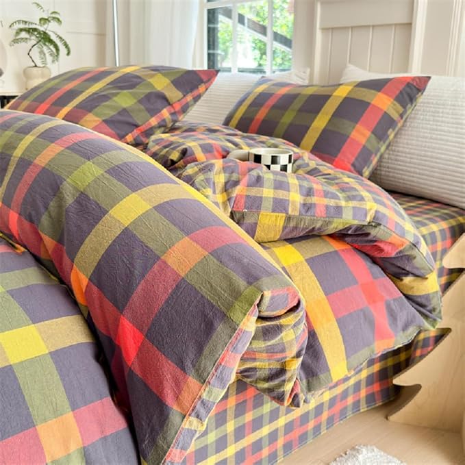 LifeTB Plaid Checkered Comforter Set King 3 Pieces Grid Gingham Bedding Comforter with 2 Pillowcases Farmhouse Lightweight Bedding Fluffy Multicolor Grid Bed Comforter Set King Size for All Season