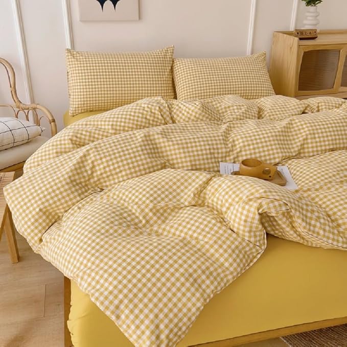 LifeTB Twin XL Comforter Set 3 Pieces Yellow Gingham Comforter Set Geometric Checkered Plaid Printed Bedding Comforter for All Seasons Fluffy Soft Lightweight Gingham Plaid Bedding Set Twin XL