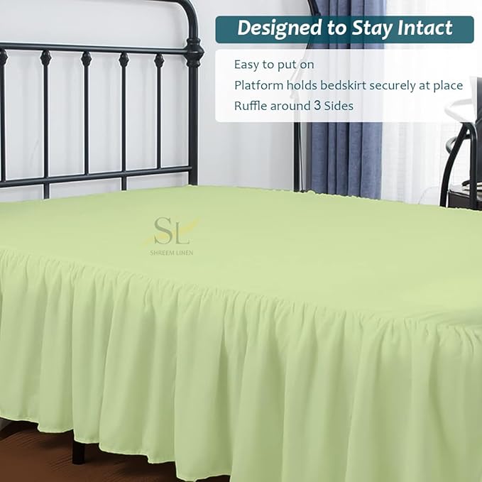 Shreem Linen Ruffled Bed Skirt with Split Corners, Gathered Style, 100% Microfiber, 28-Inch Drop, Dust Ruffle Bedskirt with Platform, Twin-XL, Sage