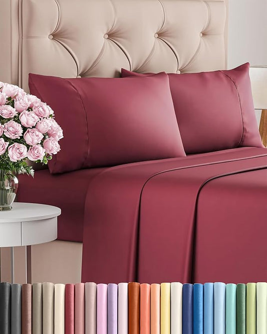 Twin 4 Piece Sheet Set - Comfy Breathable & Cooling - Ultra Soft Hotel Luxury Bedding Set w/ 8-16 Inch Deep Pockets - 1 Flat & 1 Fitted Sheet & 2 Pillowcases - Wrinkle Free and Easy Care - Burgundy