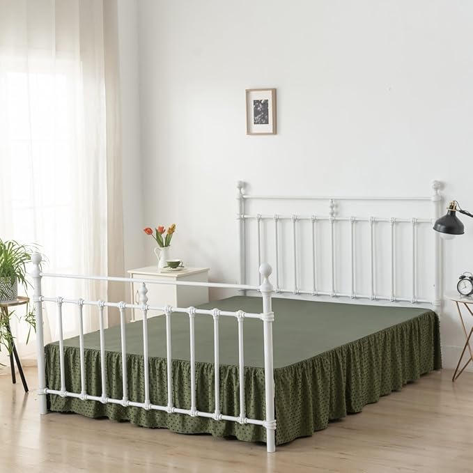Tufted Dot Bed Skirt Queen Size Ruffled Bed Skirt with Split Corners, 18 Inch Drop Dust Ruffle Bed Skirts with Platform, Olive Green