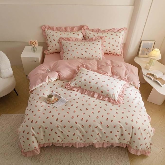 Nayoroom Ruffle Duvet Cover Full Size Pink Strawberry Printed on White Ruffled Bedding Set 3Pcs Reversible Kids Girls Cute Kawaii Coquette Comforter Cover Soft Lightweight Microfiber