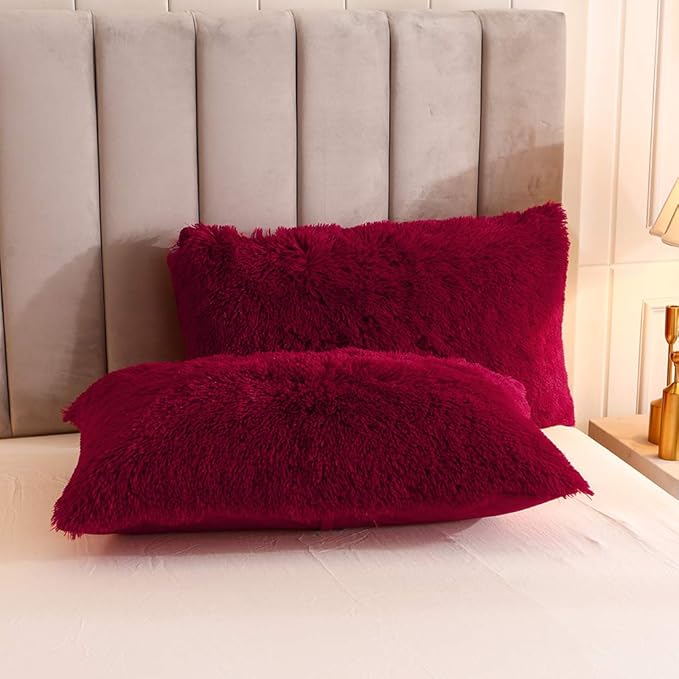 Uhamho Faux Fur Velvet Fluffy Bedding Duvet Cover Set Down Comforter Quilt Cover with Pillow Shams, Ultra Soft Warm (Burgundy, King)