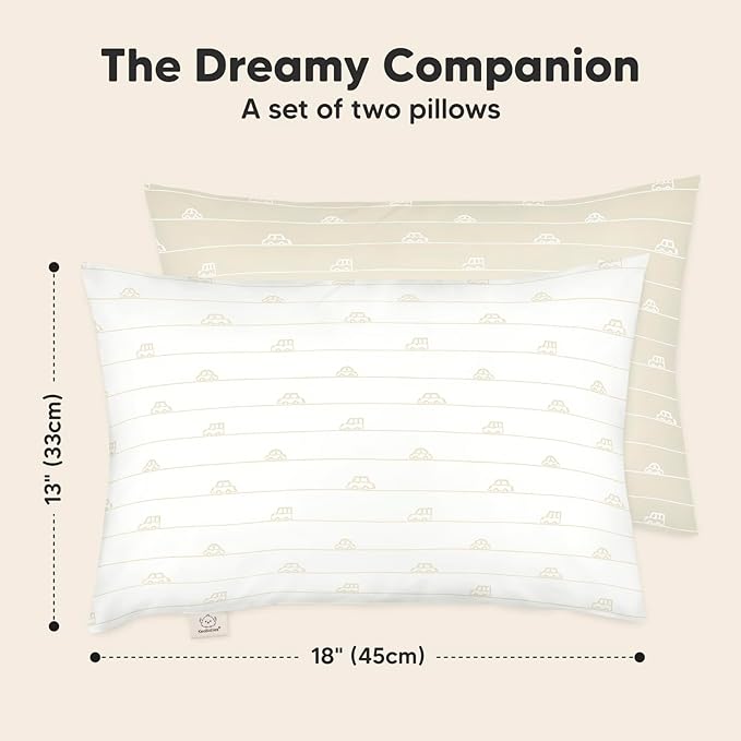 KeaBabies 2-Pack Toddler Pillows 2 Year Old to 5-13x18 Soft Organic Cotton Kids Pillow for Sleeping, Travel, School, Daycare, Nap, Toddler Bed, Machine Washable, Without Pillowcase (City Cars)