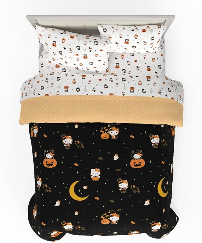 Sanrio Hello Kitty Halloween Pumpkin Full Bed Set – Super Soft & Cozy 5 Piece Reversible Comforter and Sheet Set (Officially Licensed Product) by Franco
