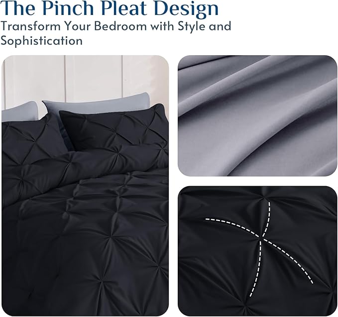 JOLLYVOGUE King Size Comforter Set 7 Pieces - Bed in a Bag King for All Season, Pintuck Bedding Comforter Sets with Comforter, Flat Sheet, Fitted Sheet and Pillowcases & Shams, Black & Light Grey