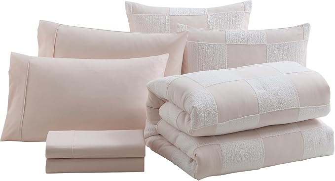 Kids Comforter Set Bedding Set Bed in a Bag for Boys and Girls Toddlers Printed Sheet Set and Comforter, Full, Chenille Checkered Blush Pink
